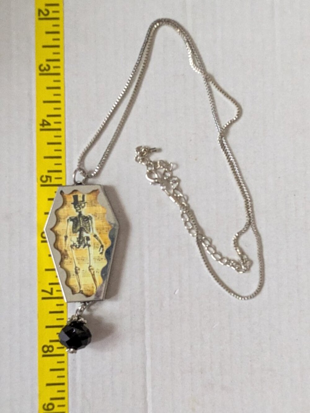 Spooky Halloween Skeleton In Coffin Beaded Dangle Silver Tone Pendant Necklace